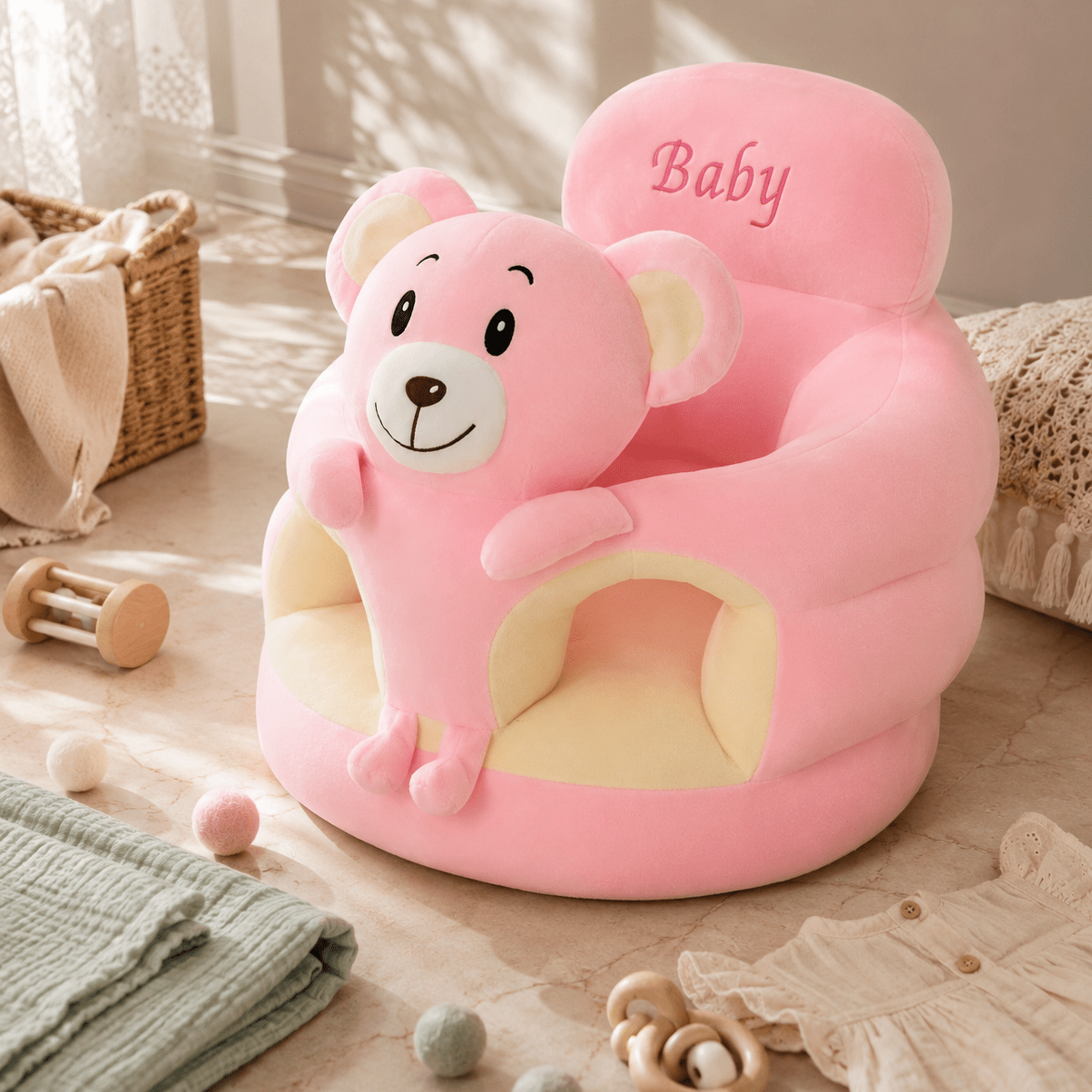 Pink baby chair with bear design on a wooden floor